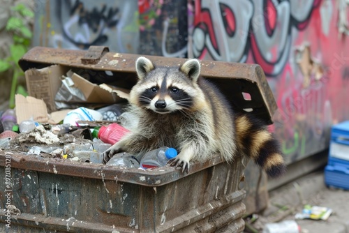 cute raccoon in garbage animal concept photo