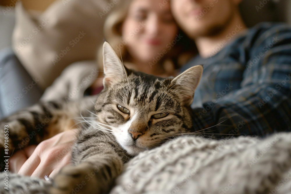 Close-up of a cute domestic cat lounging comfortably on a man’s lap while he and a woman relax together on a cozy sofa. The scene captures a warm and affectionate moment, highlight Close-up of a cute domestic cat lounging comfortably on a man’s lap while he and a woman relax together on a cozy sofa. The scene captures a warm and affectionate moment, highlight