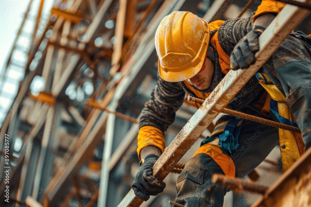 Determined iron worker with helmet and gloves masters the heights, diligently working on a building's framework Determined iron worker with helmet and gloves masters the heights, diligently working on a building's framework