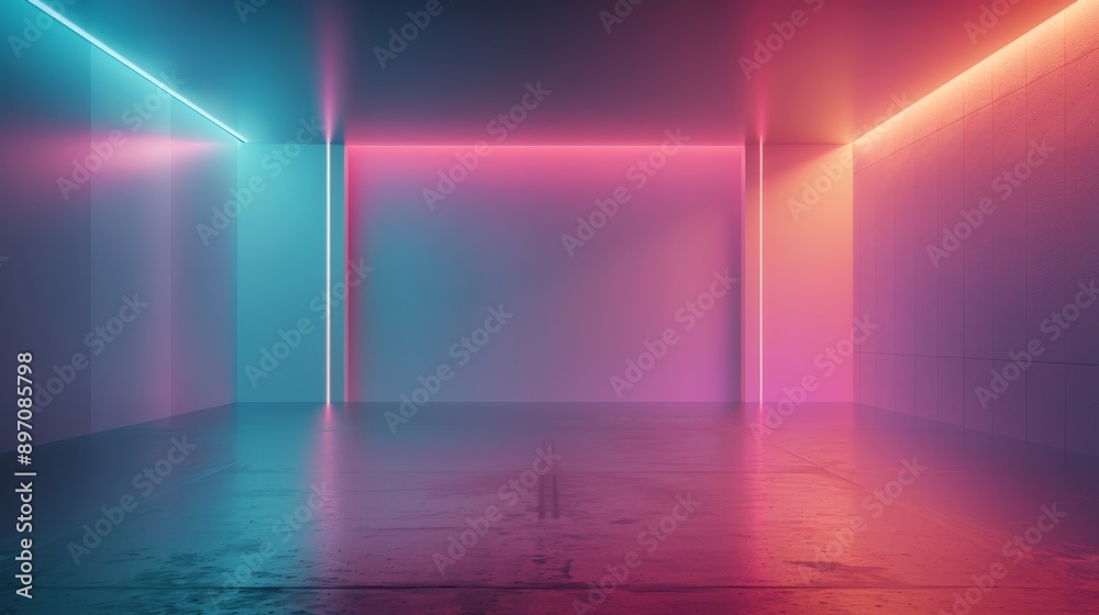 Futuristic and abstract atmosphere in an empty room with a concrete floor, beautifully lit by blue and pink neon lights, ideal for creative design projects Futuristic and abstract atmosphere in an empty room with a concrete floor, beautifully lit by blue and pink neon lights, ideal for creative design projects