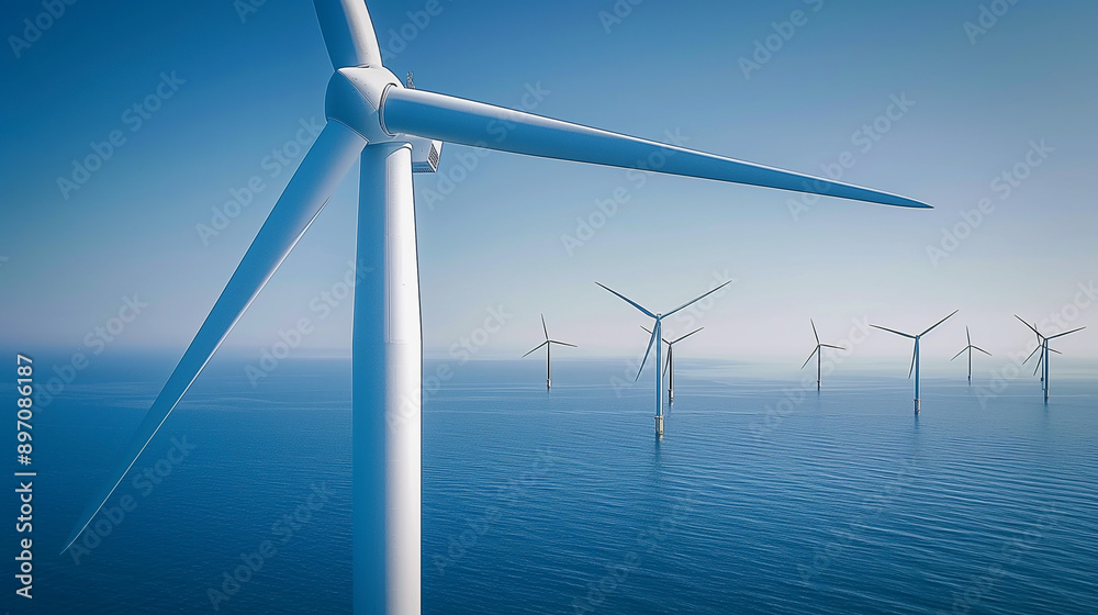 Fototapeta premium several wind turbines against a blue sky to generate state-supported renewable energy