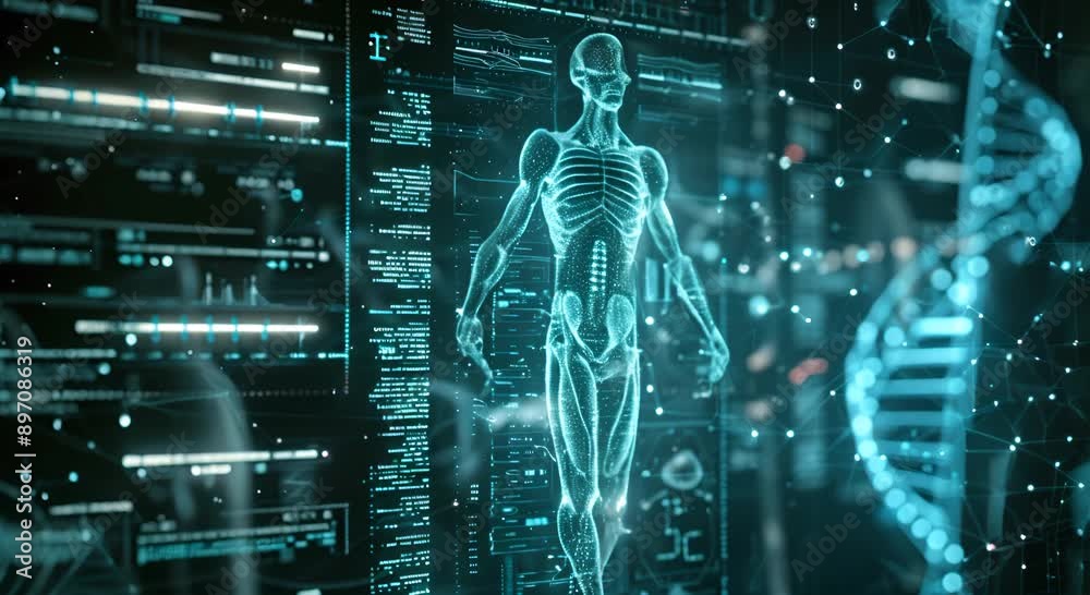 A computer screen shows a man's skeleton and a DNA strand. Concept of scientific exploration and discovery, as well as the complexity of the human body and the role of genetics in our lives A computer screen shows a man's skeleton and a DNA strand. Concept of scientific exploration and discovery, as well as the complexity of the human body and the role of genetics in our lives