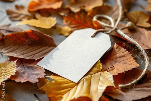 Empty white gift tag mockup. Paper label on autumn leaves coverered background. Minimal still life photo