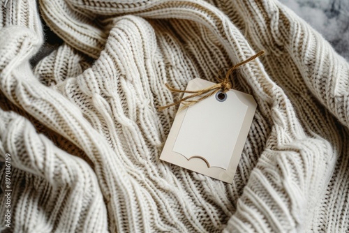 Empty white gift tag mockup. Paper label on embroidered clothes photo