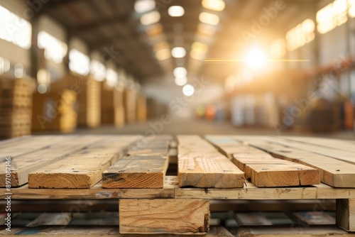 Empty wooden pallet on blurred warehouse background photo
