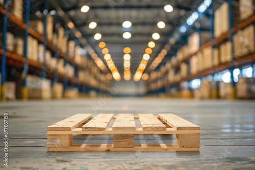 Empty wooden pallet on blurred warehouse background photo
