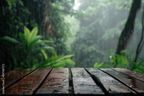 Empty wooden table in the rainy tropical forest with blurred background photo