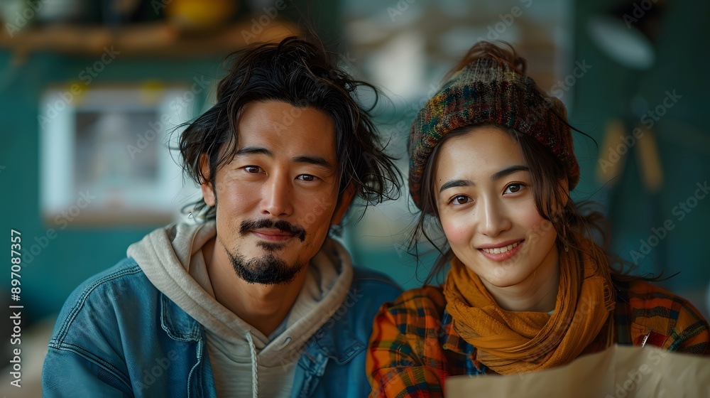 Asian couple taking portrait photo together. Asian couple taking portrait photo together.