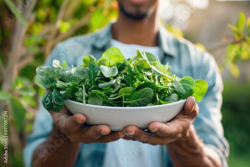 Energetic man Holding Bowl of Vibrant Greens, Dedication to Fitness Journey photo