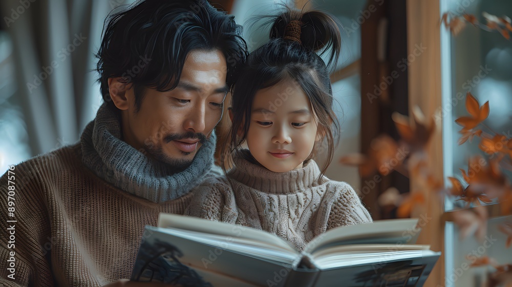 Asian father and daughter reading books together. Asian father and daughter reading books together.