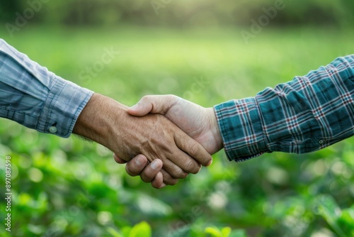farmer and businessman shaking hands over a sustainable partnership, on a blurred green agriculture background © Ольга Лукьяненко