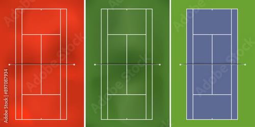Schéma d’un terrain de tennis sur trois surfaces différentes, terre battue, gazon et synthétique.