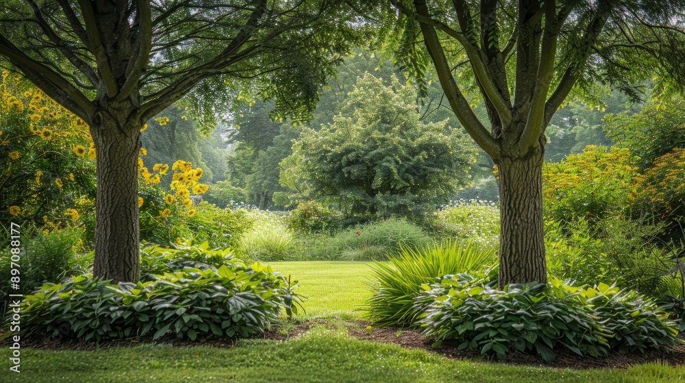 The majestic trees creating a stunning frame for a vibrant garden path during the summer season The majestic trees creating a stunning frame for a vibrant garden path during the summer season
