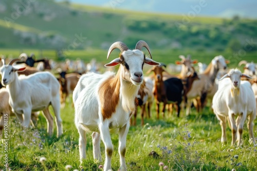 flock of goats on field. livestock
