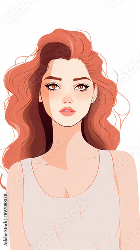 Elegant illustration of woman with long red hair, wearing a white top, on a clean white background.