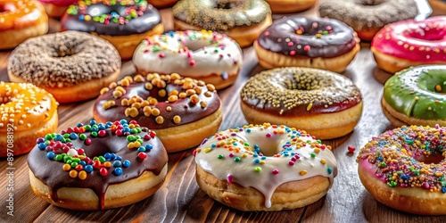 Assorted donuts with unique frostings and sprinkles, perfect for a bakery display, donuts, assorted, flavors, frosted, sprinkled © lapeepon