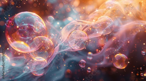 Abstract Fantasy Background with Bubbles and Glowing Lights