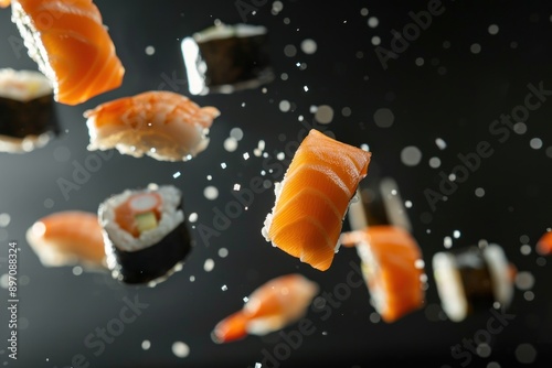 Flying sushi pieces isolated on black background. Concept of food levitation photo