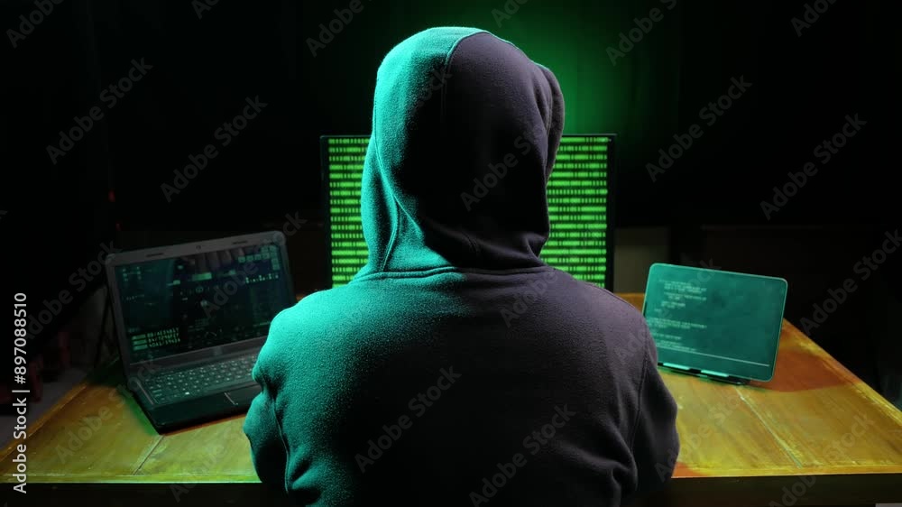 Back view of hooded computer hacker sitting at dark room in front of pc monitor, writing code or using computer virus program for cyber attack. cybercrime, hacking concept