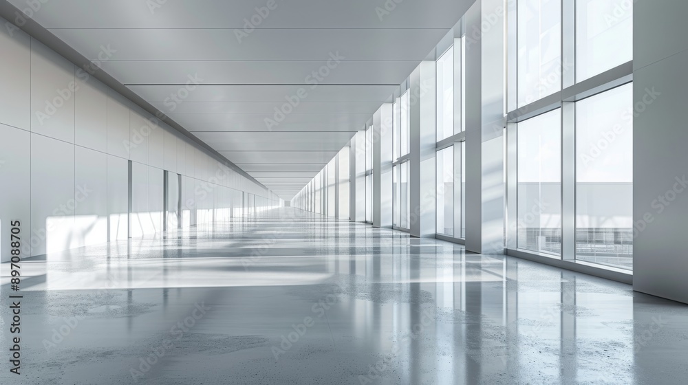 Empty White Corridor with Large Windows Empty White Corridor with Large Windows