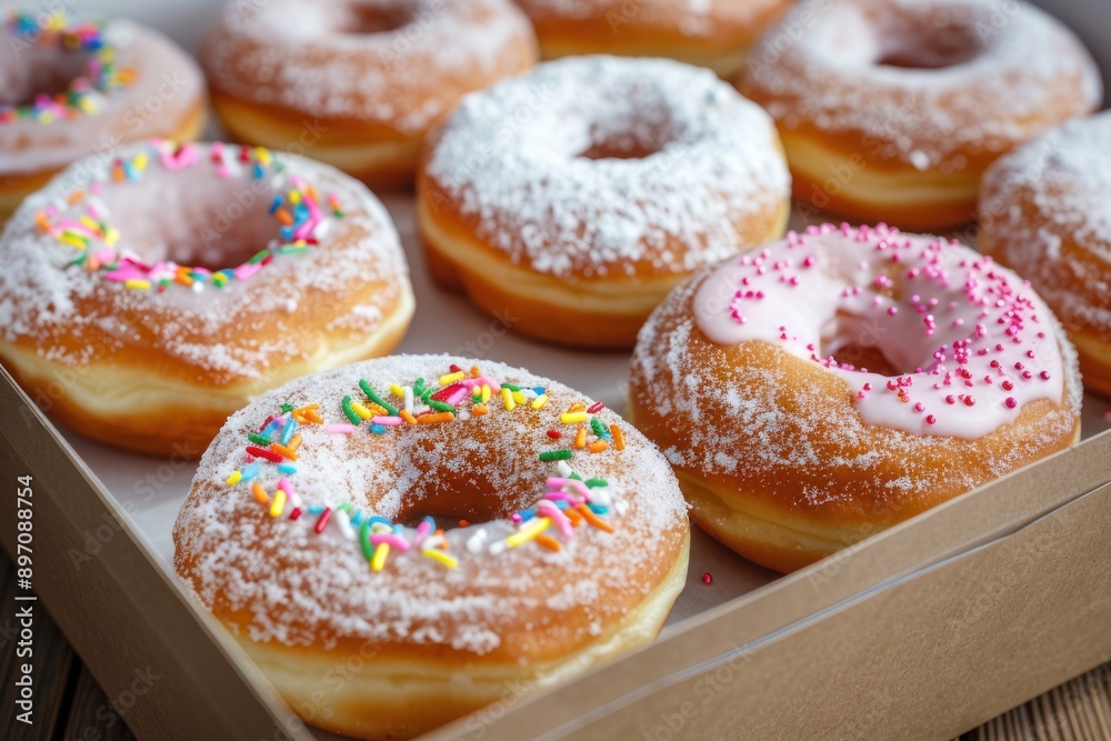donuts with icing sugar in box donuts with icing sugar in box
