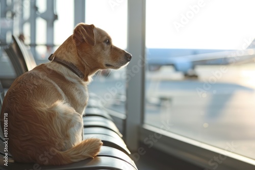 dog Pet at the airport waiting to embark on a plane in bright terminal window photo