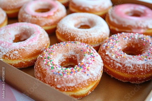 donuts with icing sugar in box photo