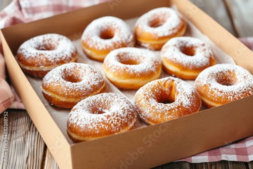 donuts with icing sugar in box photo