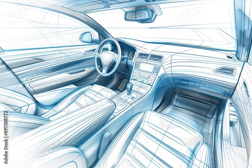 drawing of a live, wire frame car interior photo