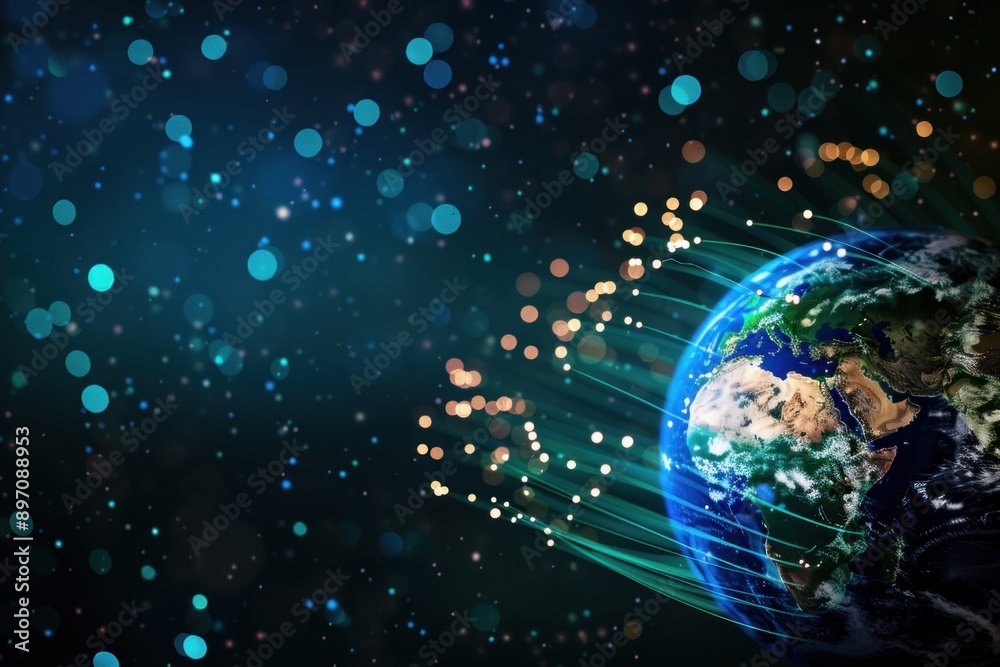 earth globe with fiber optic flying around, technology copy space earth globe with fiber optic flying around, technology copy space