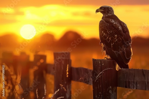 eagle on wooden fence at sunset photo