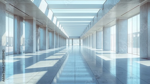 A Modern  Empty Hallway with Concrete Columns and a Glass Roof