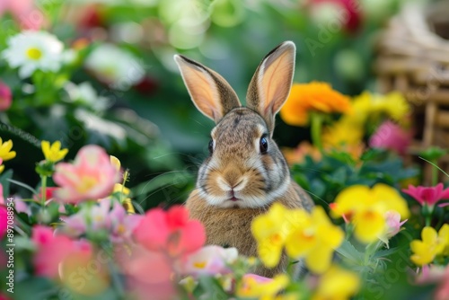 Easter Bunny in Bloom: Bunny Among Flowers, Perfect for Easter Greetings Cards with Copy Space photo