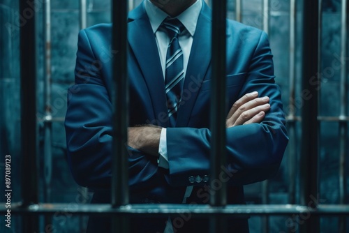 elegant businessman person with suit and tie in jail or prison. corruption and white-collar crime photo