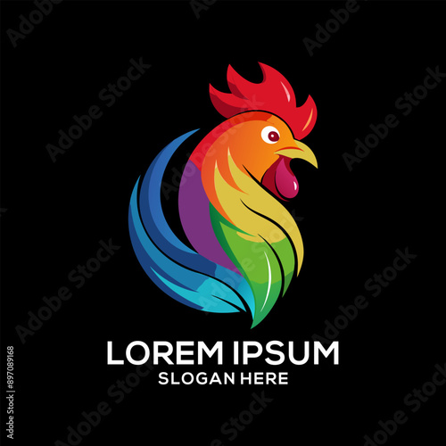 Rooster logo colorful gradient illustration. Restaurant brand logo vector. Brand idea logo vector.
