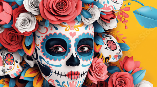 Close-up of a face painted with traditional colorful Day of the Dead makeup surrounded by decorative flowers and other intricately designed elements. © Natalia