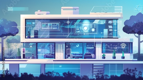 A futuristic smart home with automated systems, transparent digital screens, and eco-friendly energy solutions, illustrating future technological advancements.