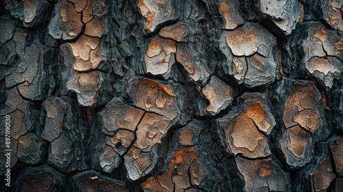 A detailed closeup shot showcasing the intricate texture of a centuryold tree bark in its natural setting photo