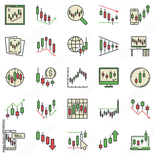 Candlestick Chart colored icons set. Crypto Trading vector concept symbols