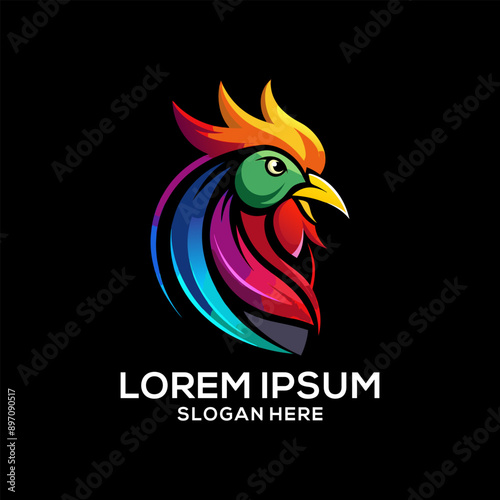 Rooster logo colorful gradient illustration. Restaurant brand logo vector. Brand idea logo vector.

