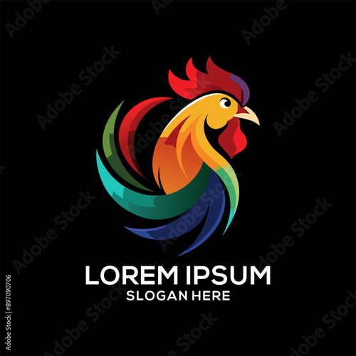 Rooster logo colorful gradient illustration. Restaurant brand logo vector. Brand idea logo vector.
