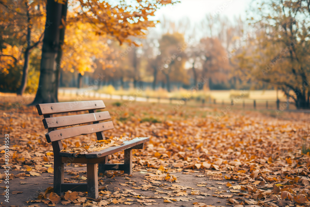 Vacant bench in a serene autumn park surrounded by vibrant fall leaves. Copy space, nature's colorful foliage, September and October garden, calm and quiet forest setting. Photo Vacant bench in a serene autumn park surrounded by vibrant fall leaves. Copy space, nature's colorful foliage, September and October garden, calm and quiet forest setting. Photo