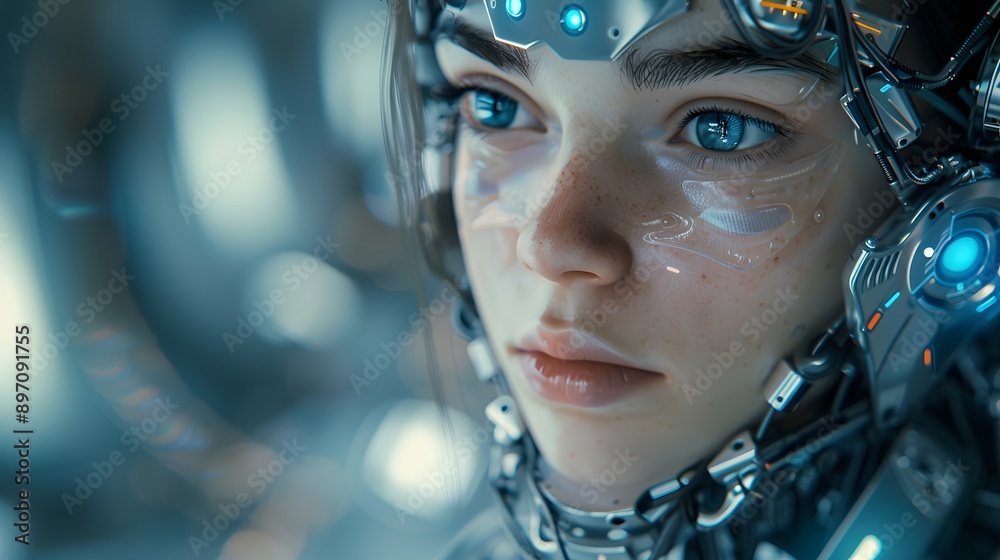 Cybernetic Evolution. A futuristic female cyborg with a blend of human and robotic traits. Cybernetic Evolution. A futuristic female cyborg with a blend of human and robotic traits.