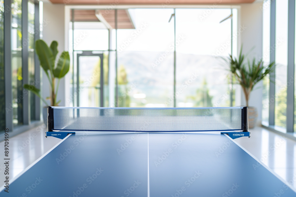 Fototapeta premium Table tennis game setup with a blue ping pong table, net, and ball in a modern indoor play room. Perfect for showcasing a professional championship competition or recreational hobb