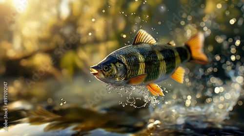 Vibrant Large Perch Leaping Out of Water photo