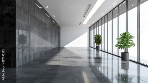 Modern Office Hallway with Glass Windows and Marble Floor