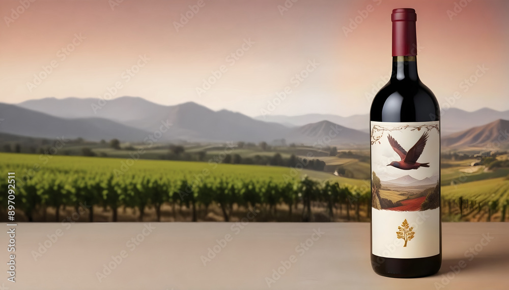 Vino Tinto Red Wine Bottle with Mountain Landscape and a bird on the Label
