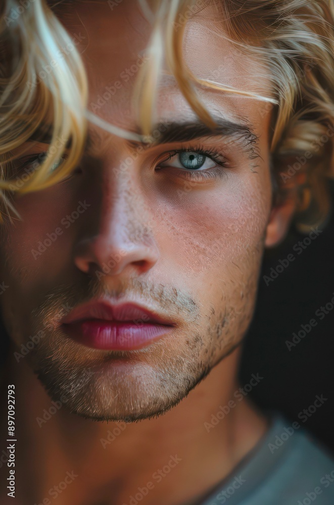Close-up portrait of a handsome man with blond hair and green eyes. Close-up portrait of a handsome man with blond hair and green eyes.