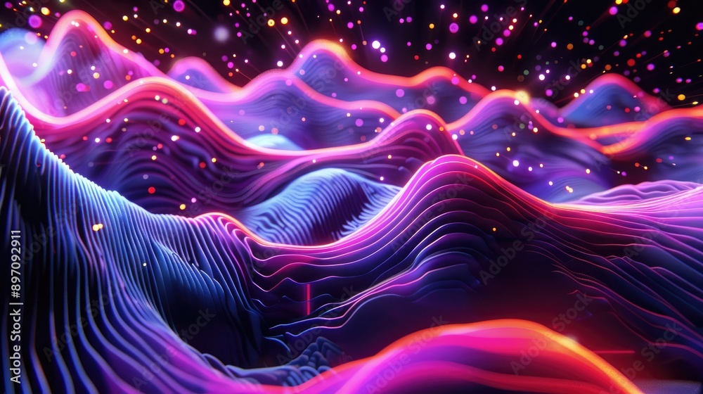 Fototapeta premium Dynamic 3D waveforms with vibrant neon colors and depth