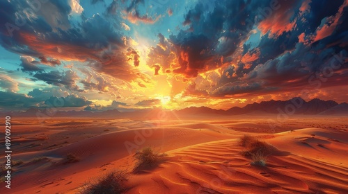 Dramatic Sunset Over Red Desert Dunes With Mountain Range In Background